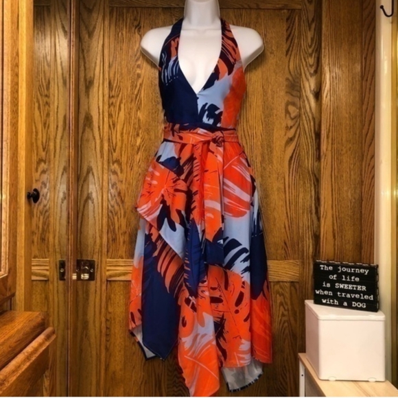 NICHOLAS Red and Blue Palm Print Crepe Halter Dress, Handkerchief Hem, EUC, 4 - Picture 3 of 11